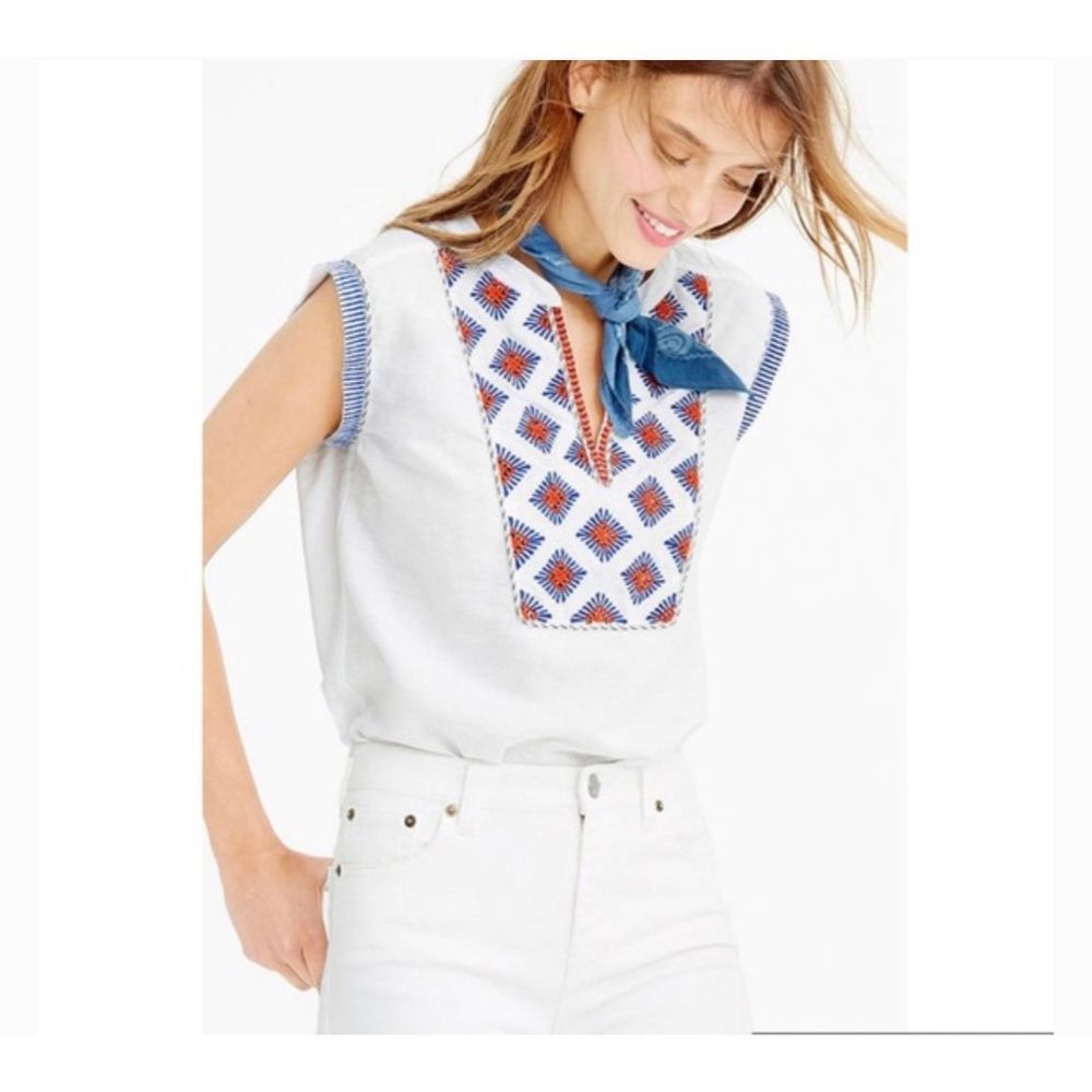 J. Crew Capped Sleeve Embroidered Starburst Linen Top